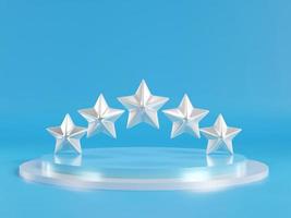 Five metallic silver stars on podium with blue background. Stand to show products. Stage showcase with modern scene platform for presentation. Pedestal display. 3D rendering. photo