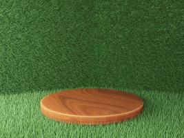 Wooden Podium on grass field with artificial grass wall. Modern Pedestal style. Minimal scene for product showcase or skincare advertising. 3D Rendering. photo