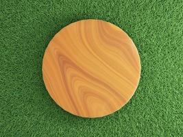 Blank round wooden platform podium on grass field top view. Minimal scene for food or product showcase or skincare advertising. 3D Rendering. photo