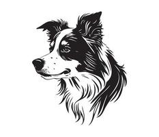 border collie Face, Silhouette Dog Face, black and white border collie vector