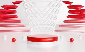 White Red podium with tiny spherical and gradient objects. Stand to show products. Stage showcase with modern scene for presentation. Pedestal display. 3D rendering. Studio platform template. photo