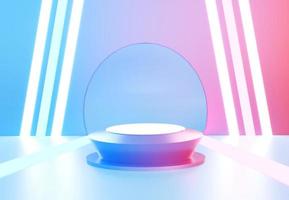 Gradient blue and pink podium with neon light line. Stand to show products. Stage showcase with colorful scene for presentation. Pedestal display. 3D rendering. Studio platform template photo