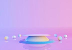 Gradient podium with mini spherical objects. Stand to show products. Stage showcase with colorful scene for presentation. Pedestal display. 3D rendering. Studio platform template photo