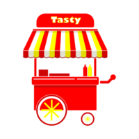 A roaming food cart with a bright orange shade and colorful wheels png