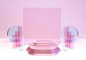 Glossy pink podium with glass decoration objects. Stand to show products with pink background. Stage showcase with luxury scene platform for presentation. Pedestal display. 3D rendering. photo