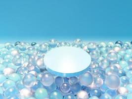 Light blue podium with glass spherical objects. Modern and cool pedestal. Display scene stage platform showcase stand for products, cosmetic or healthcare advertising. 3D rendering. photo