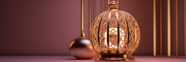 ramadan kareem natt lykta. latern med rosa vägg bakgrund. generativ ai png