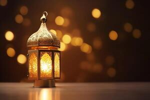 Ramadán kareem noche linterna. latern con blury brillar antecedentes. generativo ai foto