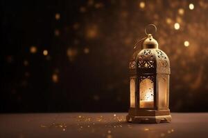 Ramadán kareem noche linterna. latern con blury brillar antecedentes. generativo ai foto