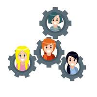 Teamwork. Interaction between people. Gear with the heads of characters. Abstract social concept. Relationship between men and women. Flat cartoon vector