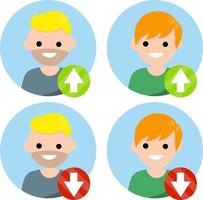 Set of avatars of man in circle for social network. Human head. Rise and fall icon. Red and green Arrow up and down. Statistics, top and ranking. Flat cartoon. Young boy vector