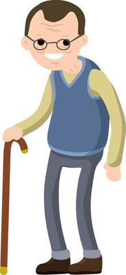 Funny old man with cane. Senior and Active Lifestyle, recreation grandfather. Cartoon flat illustration.