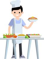 Flat Man cook holding plate of food. Chef and waiter at work vector