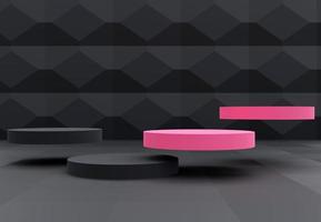 Elegant podium with abstract art objects. Stand to show products. Stage showcase with modern scene for presentation. Pedestal display with blackpink concept. 3D rendering. Studio platform template. photo