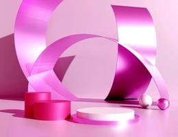 Abstract fuchsia pink podium with swirly ribbons. Stand to show products. Stage showcase with colorful scene for presentation. Cosmetic and skin care pedestal display. 3D rendering. photo