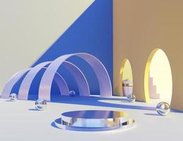 Metallic podium with glass balls and abstract art walls. Stand to show products with light and shadow. Stage showcase with minimal modern scene for presentation. Pedestal display. 3D rendering. photo