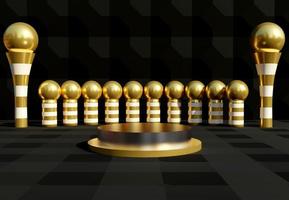 Black and gold podium with ball decorations. Stand to show products. Stage showcase with modern scene for presentation. Pedestal display. 3D rendering. Studio platform template. photo