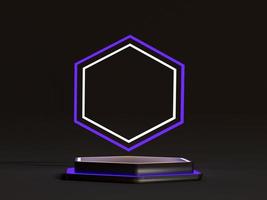 Neon lights podium in black background. Modern Pedestal cyber punk concept. Display stand platform for products advertising and for presentation. 3D rendering. photo