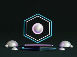 Neon lights podium with Spherical objects in black background. Modern Pedestal cyber punk concept. Display stand platform for products advertising and for presentation. 3D rendering. photo