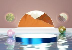 Metallic blue podium with pink and gold spherical objects in pool. Stand to show products. Stage showcase with mountain scene platform for presentation. Modern pedestal display. 3D rendering. photo