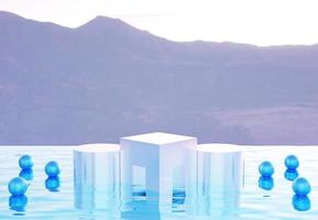 Three White glossy podiums with blue spherical objects in a pool. Stand to show products. Stage showcase with mountain scene platform for presentation. Pedestal display. 3D rendering. photo