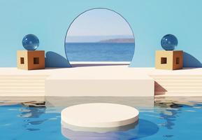 Beige podium in pool with blue spherical objects. Stand to show products. Stage showcase with ocean scene platform for presentation. Pedestal display. 3D rendering. photo