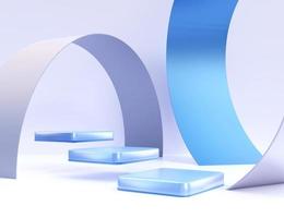 Align podium with blue swirly ribbons. Stand to show products. Stage showcase with abstract scene for presentation. Pedestal display. 3D rendering. Studio platform template. photo