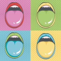 Banner with open mouth and tongue  in pop art comic style. Retro vector illustration.