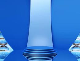Blue podium with big glass spherical objects and big ribbons. Stand to show products. Blue stage showcase with reflection for presentation. Pedestal display. 3D rendering. Studio platform template. photo
