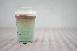 Cold drinks iced matcha latte menu green tea mix coffee. photo