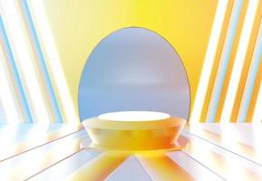 Gradient yellow podium with neon light line. Stand to show products. Stage showcase with colorful scene for presentation. Pedestal display. 3D rendering. Studio platform template. photo
