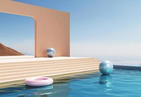 Stand to show products with blue spherical objects. Stage showcase in sand beige with mountain scene platform for presentation. Minimal pedestal display in pool. 3D rendering. photo