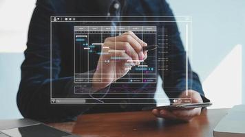 Project manager working with Gantt chart schedule to plan tasks and deliverables. Scheduling activities with a planning software, Corporate strategy for finance, operations, sales, marketing. video