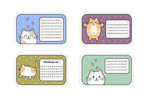 Set of stickers with kawaii kittens. Cute greeting card for love notes, letters, reminders. Copy space. For design of diaries, notebooks, note papers, desktop. Printing products. Vector illustration