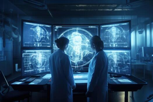 Surgeon utilizing VR goggles in a state of the art operating room for enhanced precision, . photo