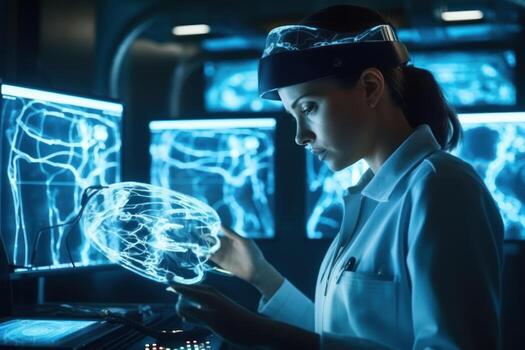 cirujano utilizando vr gafas de protección en un estado de el Arte operando habitación para mejorado precisión, generativo ai. foto