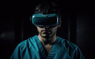 Young male surgeon donning VR goggles in operating room, enhancing medical capabilities, . photo