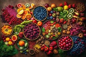 encantador mesa exhibiendo un diverso formación de frutas y vegetales para un saludable, apetitoso comida, generativo ai. foto