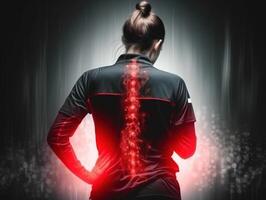 Sportswoman experiencing back pain, highlighting the importance of proper care in athletics, . photo