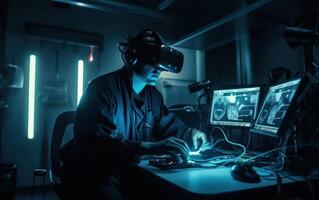 Surgeon utilizing VR goggles in a state of the art operating room for enhanced precision, . photo