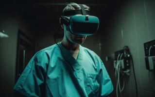 Young male surgeon donning VR goggles in operating room, enhancing medical capabilities, . photo