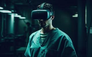 Young male surgeon donning VR goggles in operating room, enhancing medical capabilities, . photo