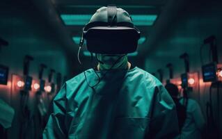 Young male surgeon donning VR goggles in operating room, enhancing medical capabilities, Generative AI. photo