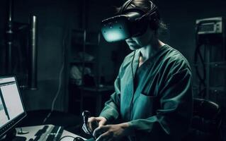 Surgeon utilizing VR goggles in a state of the art operating room for enhanced precision, . photo