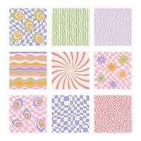 Big set of isolated Poster. 1970s Retro pattern groovy trippy.  Wavy Swirl Pattern, optical illusion. Flowers and psychedelic patterns. Abstract background. Hippie Aesthetic. Vector Illustration