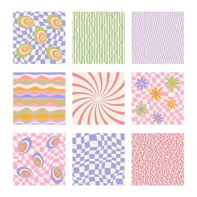 Big set of isolated Poster. 1970s Retro pattern groovy trippy.  Wavy Swirl Pattern, optical illusion. Flowers and psychedelic patterns. Abstract background. Hippie Aesthetic. Vector Illustration