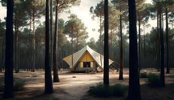 verano acampar en el pino vista al bosque de cámping carpas entre el pino arboles ,generativo ai foto