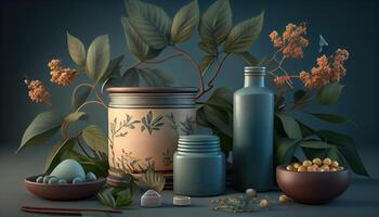 Mock up with blue cosmetics dispensers and creme jar with daily branches, moss and leaves. Organic treatment concept photo