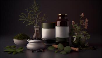 Mockup with cosmetic dispensers and cream jar with branches, moss and leaves. Concept of organic treatment photo