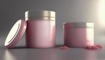 Pink jar for cosmetic cream with a silver lid. Place for text or logo. Composition of a jar with flowers. photo